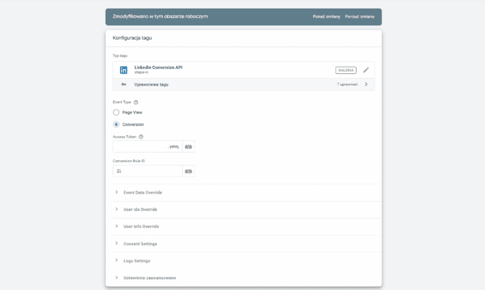 stape.io konfiguracja linkedin ads